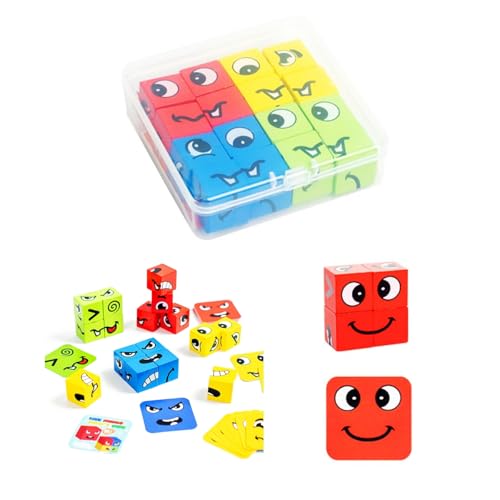 QHFlashbuy Holzwürfel Puzzle Spielzeug,Ausdruck Holzwürfel Puzzle,IQ Puzzle Interaktion Spiel,Montessori Lernspielzeug für Kinder,Gesichtsveränderung Denktraining Hölzern Spielzeug von QHFlashbuy