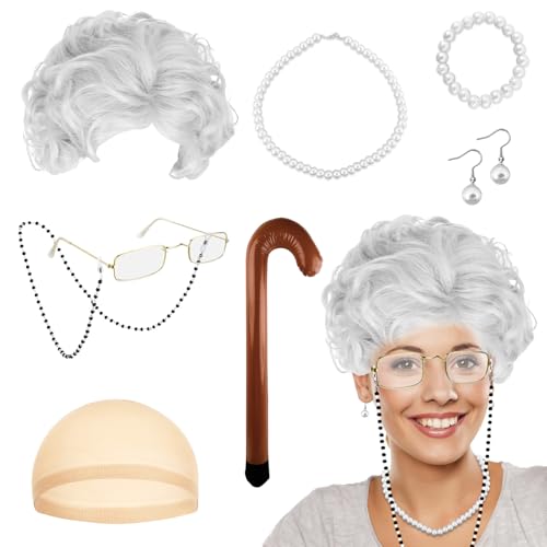 8 Stück Old Lady Kostüm Großmutter Cosplay Zubehör Set Oma Kostüm Alte Frau, Oma Perücke mit Perückenmütze, Rentner Kostüm, Perlenkette Armband Ohrringe, Brille mit Kette & aufblasbarer Gehstock von QHSXMQ