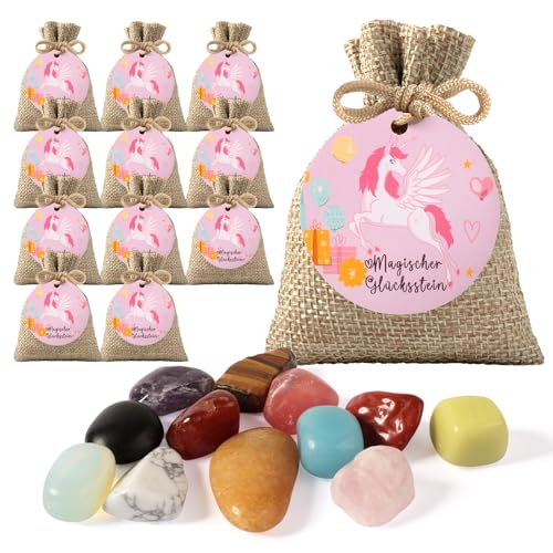 QHSXMQ 12 Stück Glückssteine für Kinder, Bunte Glücksbringer Steine mit Jutesäckchen Und Grußkarten, Buntes Magische Steine für Mitgebsel Kindergeburtstag, Zaubersteine für Schatzsuche (Einhorn) von QHSXMQ