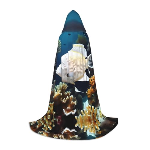 QHZLY 110 cm - 170 cm, weiß-goldener Fisch-Kapuzenumhang, Größe S für Festival, Cosplay, Maskerade, Bühne und Themenparty von QHZLY