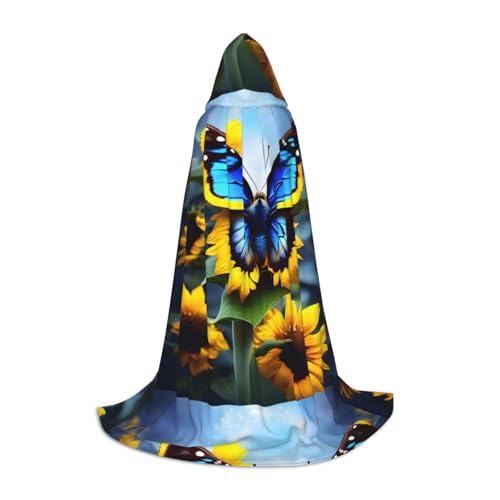 QHZLY Sonnenblume Blau Schmetterling Kapuzenumhang S für Teenager Langer Umhang Cosplay Maskerade Bühnenkostüm Comic-Con Karneval Rollenspiel von QHZLY