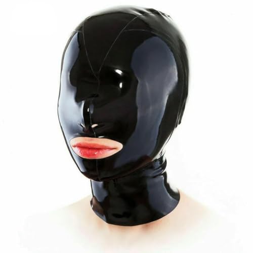 QIANGYTHENKO 100% Naturlatex Erwachsene Vollabdeckung Kapuze Maske Offener Mund Gesichtsmaske Kapuzen Kopfbedeckung Catsuit Zubehör Paar von QIANGYTHENKO