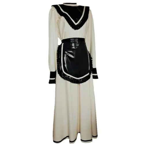 QIANGYTHENKO Handgefertigte Uniform mit Schürze, langärmelig, durchhängendes Plisseekleid, PVC-Leder, Dienstmädchen, Café, Arbeitskleidung, Kostüme von QIANGYTHENKO