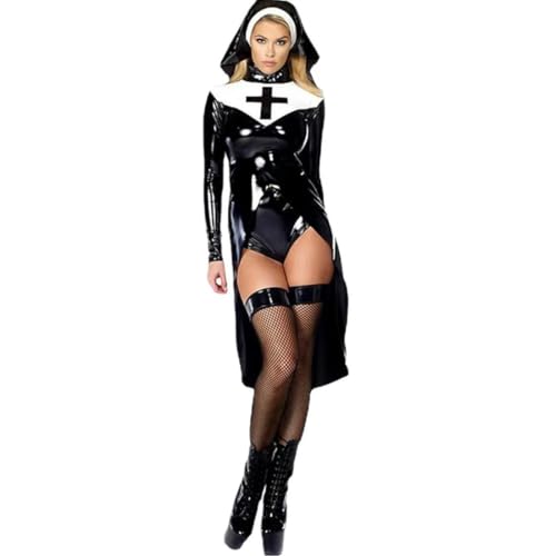 QIANGYTHENKO Handgefertigtes Halloween-Kostüm, Rollenspiel-Outfit, Clubwear, lange Ärmel, bauchfreies Top mit figurbetontem Kleid und Kopfbedeckung mit Höschen von QIANGYTHENKO