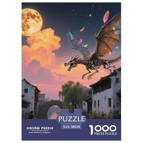Bone Dragon Skimming Nacht 1000 Teile Schwieriges Großes Puzzle, Teile Passen Perfekt Zusammen, Geschicklichkeitsspiel, Premium Quality, Pädagogisches 38x26cm/1000pcs von QIAVXZIP