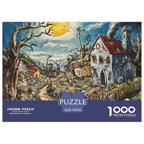 Halloween Dorf 1000 Teile Klassische Puzzle Für Die Ganze Familie, Teile Passen Perfekt Zusammen, Geschicklichkeitsspiel, Perfekt Für Spieleabende, Stressabbau-Spielzeug 70x50cm/1000pcs von QIAVXZIP