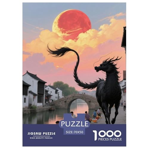 Tinte Qilin Treading Flammen 1000 Teile Unmöglich Puzzles, Teile Passen Perfekt Zusammen, Geschicklichkeitsspiel, Premium Quality, Pädagogisches 70x50cm/1000pcs von QIAVXZIP