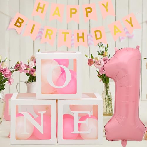 1. Geburtstag Dekorationsboxen für Mädchen, 3 Transparente Ballonboxen mit 20 rosa-weißen Luftballons, einer goldenen banner und einem „1“,Hintergrund für Mädchen Geburtstagsparty Deko von QIFU