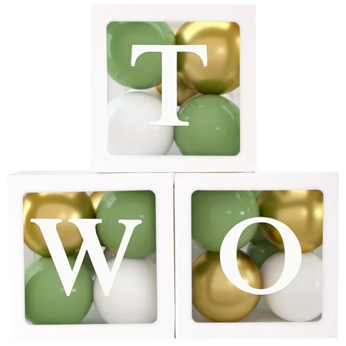 2. Geburtstag Party-Dekorationsboxen für Jungen - 3 Ballonboxen Mit 30 Grün-Gold-Weißen Luftballons und 1 Buchstaben, Ballonblöcke für den Hintergrund, Partydekorationen von QIFU