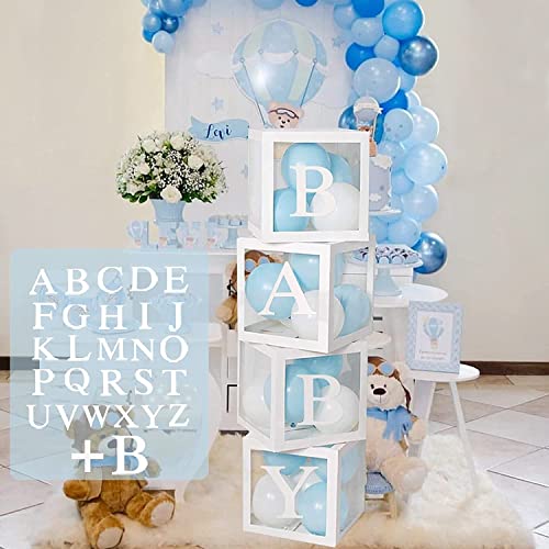 Baby Shower Box Deko für Junge oder Mädchen,babyparty dekoration ballon boxen,4Pcs Weiße Transparente Boxen Baby mit 27 Buchstaben für Babyparty Deko Junge, Gender Reveal Party Boxen von QIFU