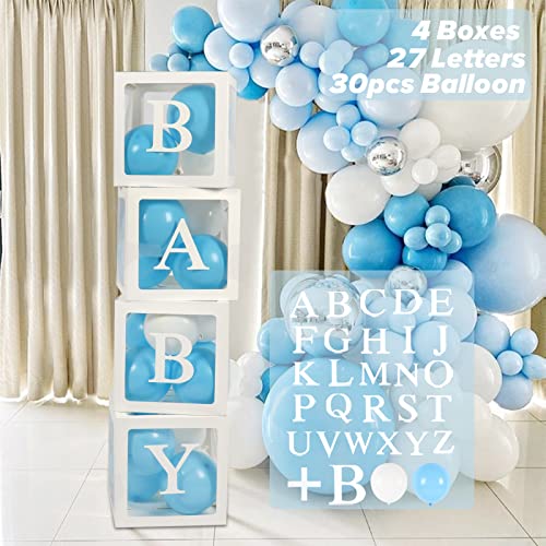 Baby Shower Deko Junge, Baby Ballon Box mit Blau Weiß Luftballons, 4Pcs Baby Boxen mit 27 Buchstaben, für Babyparty Deko Junge, Baby Shower, Geburtstag Deko von QIFU