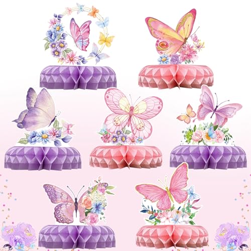 Rosa lila Schmetterling Wabenset -SJK-Partydekoration-7Pcs Schmetterling Geburtstag Dekorationen, Schmetterling Tafelaufsätze Tische, Schmetterling Wabe Tabelle Dekorationen Tafelaufsatz Schmetterling von QIFU