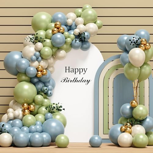 Salbeigrün blau Luftballons Girlande Kit，116Pcs Ballonbogen-Set, grün blau weiß goldene Luftballons für Geburtstagsparty, Babyparty Abschlussfeier Brautparty Hochzeit Dekorationen von QIFU