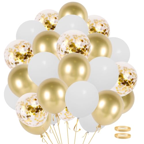 62 Stücke Weißgold-Luftballons-set，weiße Metallic Goldballons Set mit goldenen Konfetti Helium Latexballons für Geburtstag Hochzeit Babyparty Jubiläum Party Dekorationen von QIFU