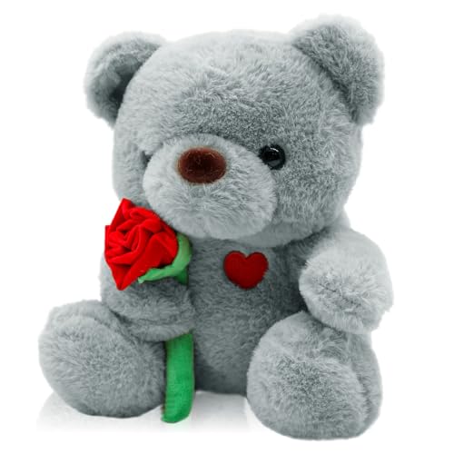 Teddybär, Teddy mit Rose 25cm, Plüsch-Bär Teddy Kuscheltier, Muttertagsgeschenke für Mama, Süßer Stoffbär Spielzeug als Geschenk für Mama, Freundin, Kinder zu Valentinstag, Geburtstag, Muttertag von QIGEEKU
