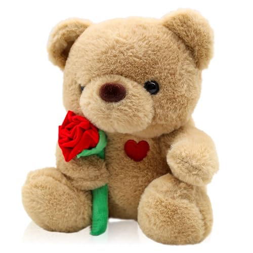 QIGEEKU Teddybär, Stofftier Teddy, Plüsch-Bär, Teddy mit Liebe, Kuscheltier Spielzeug Dekozimmer Kissen, Soft Cuddly Friends, Plüschteddy Schmusetier Plüschtier 25 cm (Hellbraun+Rose) von QIGEEKU