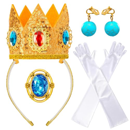 QIGHLIS Prinzessin Peach Kostüm Zubehör, 4 Stück Prinzessin Kostüme Zubehör Kit mit Krone Ohrringe Handschuhe Brosche für Karneval Halloween Birthday Party Cosplay Dress Up für Frauen Mädchen von QIGHLIS