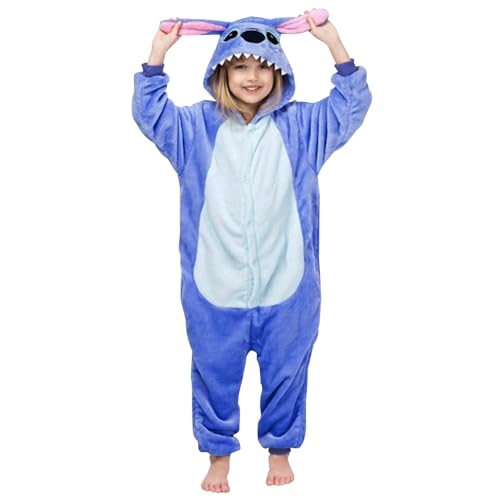 QIKUBI Unisex-Kinder Halloween Cosplay Kostüm Flanell Cartoon Tier Onesie für Jungen und Mädchen (Blau 6-8 Jahre) von QIKUBI