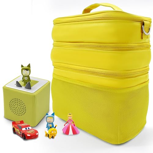 Dreifach Musikbox Tasche Kindergepäck viel Platz für Toniebox Figuren Tigerbox Transport Folie Hörfiguren Musikboxen Musikwürfel Ladegerät Kopfhörer Zubehör verstellbare Innenfächer (Gelb/Leder) von QILUCKY