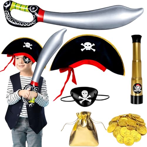 Piratenkostüm Kinder,Piratenhut Kinder,Augenklappe Pirat,Piraten Zubehör Kinder,Piraten Kostüm Jungen Mädchen,Piratensäbel,Fernrohr,Goldmünzen,Piraten Accessoires,Karneval Fasching Kostüm Kinder von QIMMU