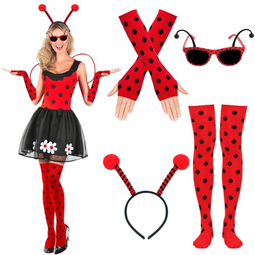 4 Stück Marienkäfer Kostüm Damen,Ladybug Kostüm Erwachsene,Marienkäfer Kostüm Zubehör Damen,Marienkäfer Haarreif,Brille,Handschuhe,Marienkäfer Strümpfe,für Karneval,Faschingskostüme Damen,Cosplay 4 Stück Marienkäfer Kostüm Damen,Ladybug Kostüm Erwachsene,Marienkäfer Kostüm Zubehör Damen,Marienkäfer Haarreif,Brille,Handschuhe,Marienkäfer Strümpfe,für Karneval,Faschingskostüme Damen,Cosplay von QIMMU