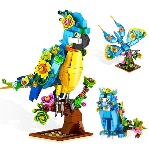 QINGZY 3-in-1 Tier Bausteine Set Papagei, Schmetterling & Katze – 408 Teile Konstruktionsspielzeug, Geschenk für Kinder ab 6 Jahren, Jungen & Mädchen, Weihnachten & Geburtstag von QINGZY