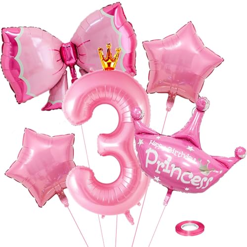 Luftballon 3. Geburtstag mit Krone, Zahlen Luftballon Rosa Folienballon 3, Geburtstagszahlen Luftballon, Folienballon Zahl, für Mädchen Geburtstags Party Jubiläum Deko (Nummer 3) von QINQINZIJIN
