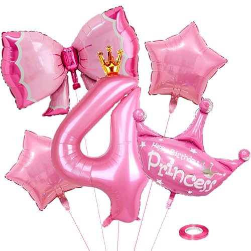 Luftballon 4. Geburtstag mit Krone, Zahlen Luftballon Rosa Folienballon 4, Geburtstagszahlen Luftballon, Folienballon Zahl, für Mädchen Geburtstags Party Jubiläum Deko (Nummer 4) von QINQINZIJIN