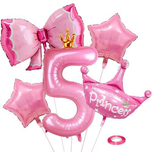 Luftballon 5. Geburtstag mit Krone, Zahlen Luftballon Rosa Folienballon 5, Geburtstagszahlen Luftballon, Folienballon Zahl, für Mädchen Geburtstags Party Jubiläum Deko (Nummer 5) von QINQINZIJIN