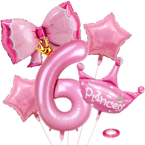 Luftballon 6. Geburtstag mit Krone, Zahlen Luftballon Rosa Folienballon 6, Geburtstagszahlen Luftballon, Folienballon Zahl, für Mädchen Geburtstags Party Jubiläum Deko (Nummer 6) von QINQINZIJIN