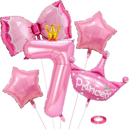 Luftballon 7. Geburtstag mit Krone, Zahlen Luftballon Rosa Folienballon 7, Geburtstagszahlen Luftballon, Folienballon Zahl, für Mädchen Geburtstags Party Jubiläum Deko (Nummer 7) von QINQINZIJIN