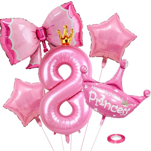 Luftballon 8. Geburtstag mit Krone, Zahlen Luftballon Rosa Folienballon 8, Geburtstagszahlen Luftballon, Folienballon Zahl, für Mädchen Geburtstags Party Jubiläum Deko (Nummer 8) von QINQINZIJIN