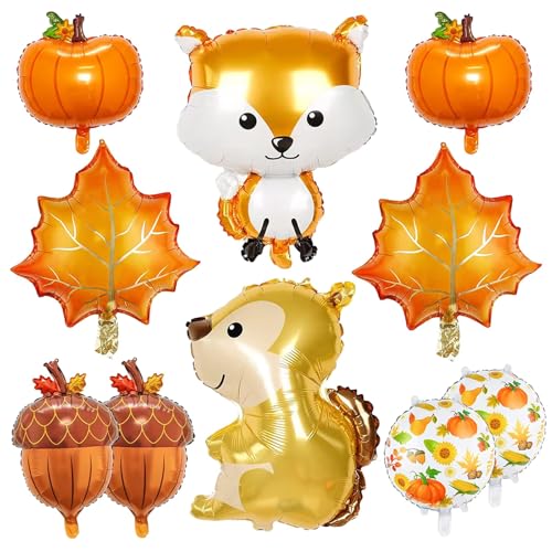 QINQINZIJIN 10 Stück Herbst Thanksgiving Luftballon, Ahornblatt Kürbis Folienballon, Fuchs Eichhörnchen Tier Ballons, für Babyparty Kinder Geburtstag Thanksgiving Herbstpartys von QINQINZIJIN