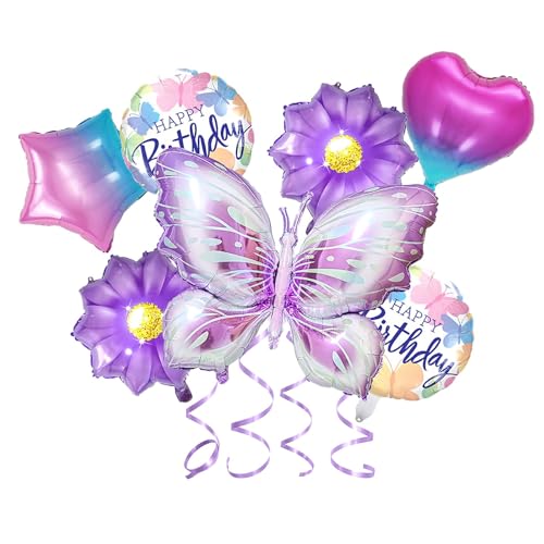 Schmetterling Folienballon, Schmetterling Deko Geburtstag Luftballons, 7 Stück Schmetterlingsballons, Happy Birthday Stern Blumen Luftballons, für Baby ShowerMädchen Geburtstag Deko von QINQINZIJIN