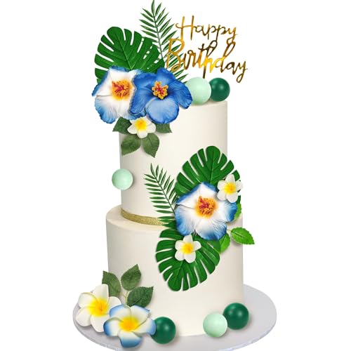 Tortendeko Blumen Deko, 23 Stück Hawaiianische Kuchendekoration, Cake Topper Decoration Geburtstag mit Palmenblätter Mini Kugeln Tortendeko, für Geburtstag Hochzeit Kinder Party (Blau) von QINQINZIJIN