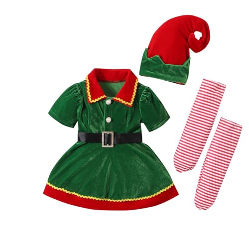 QINQNC Baby Kinder Mädchen Weihnachtskleidung Set Kleinkind Mädchen Kleid mit Gürtel+Hat+Streifen Strumpf 3PCS Herbst Winter Weihnachten Outfits (Green, 1-2 Years) von QINQNC
