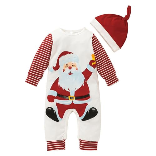 QINQNC Baby Mädchen Boy Weihnachten Outfit Meine 1st Weihnachten Strampler Overall Santa Print Langarm Bodysuit Hut Nette Weihnachten Kleidung (Red, 3-6 Months) von QINQNC