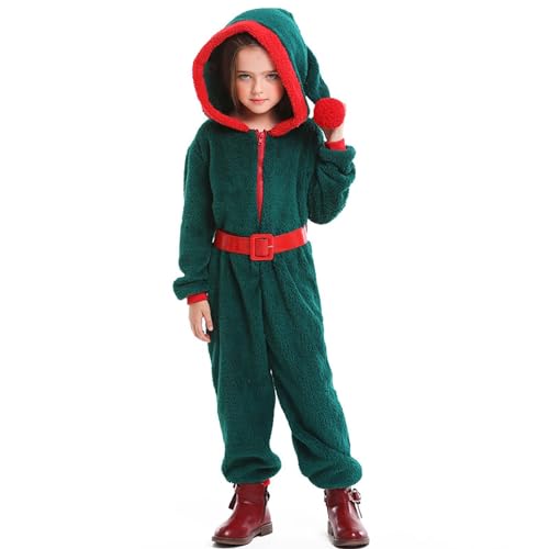 QINQNC Baby und Kleinkind Weihnachtskostüme Strampler Cosplay Weihnachtsbaum Koralle Samt Kapuze Overall Playsuit Weihnachtskleidung (Green, 4-6 Years) von QINQNC