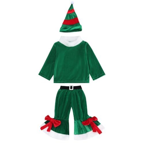 QINQNC Babys Urlaub Kleidung Kinder Weihnachtsmann Kostüme Cosplay Kleidung Samt Tops Bell Bottom Hosen Hut Weihnachten Outfits (Green, 18-24 Months) von QINQNC