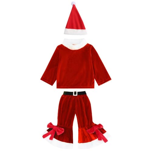 QINQNC Babys Urlaub Kleidung Kinder Weihnachtsmann Kostüme Cosplay Kleidung Samt Tops Bell Bottom Hosen Hut Weihnachten Outfits (Red, 12-18 Months) von QINQNC