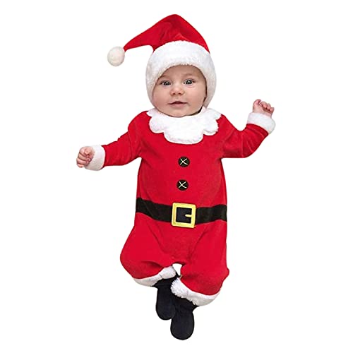 QINQNC Kleinkind Baby Boy Mädchen Weihnachten Strampler Overall Cosplay Santa Kostüm Fleece Langarm Playsuit Hut Set Xmas Outfits (Red, 0-3 Months) von QINQNC