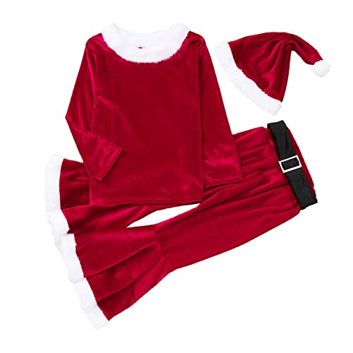 QINQNC Kleinkind Baby Kinder Mädchen Weihnachtskostüme Samt Santa Cosplay Kleidung Sets Langarm Tops Hosen Weihnachtshut Outfits (Red, 2-3 Years) von QINQNC