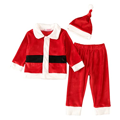 QINQNC Kleinkind Kinder Baby Mädchen Jungen Weihnachten Outfits Samt Santa Kostüme Langarm Tops Hosen Hut Festliche Weihnachten Kleidung (Red, 4-5 Years) von QINQNC