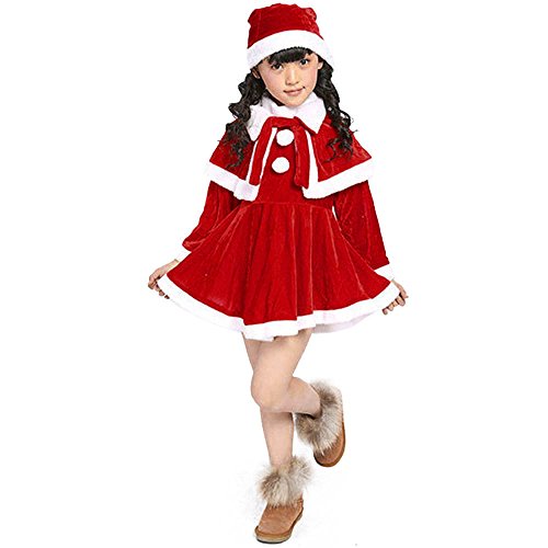 QINQNC Kleinkind Kinder Baby Mädchen Weihnachten Kostüm Outfits Kleid Samt Langarm Party Kleid+Schal+Hut Casual Xmas 1st Outfit (Red, 12-24 Months) von QINQNC