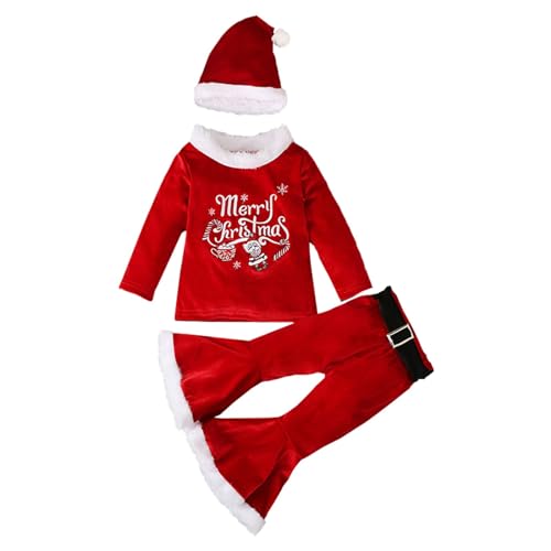 QINQNC Kleinkind Kinder Weihnachten Outfits Baby Santa Kostüme Cosplay Samt Brief Tops ausgestellte Hosen Hut Mode Weihnachten Kleidung (Red, 12-18 Months) von QINQNC