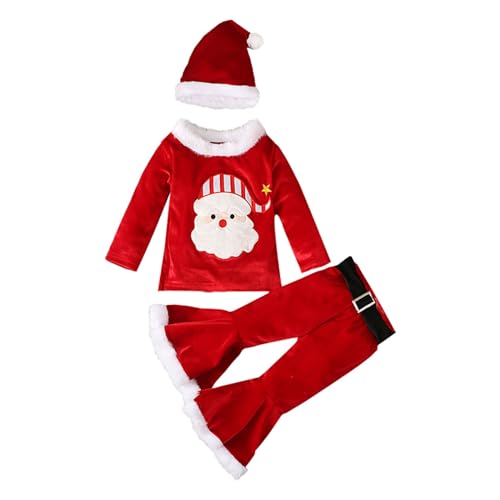 QINQNC Kleinkind Kinder Weihnachten Outfits Baby Santa Kostüme Cosplay Samt Brief Tops ausgestellte Hosen Hut Mode Weihnachten Kleidung (Watermelon Red, 18-24 Months) von QINQNC
