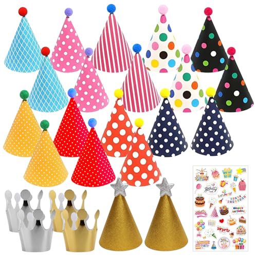 24 Stück Geburtstagshut PartyhüTe Kinder, Papier-Partyhüte Dreieckshut mit Pompons, Party HüTe Krone Set mit "Happy Birthday"-Aufkleber, Kegel Hüte Faschingshütchen Deko für Kinder, Erwachsene 24 Stück Geburtstagshut PartyhüTe Kinder, Papier-Partyhüte Dreieckshut mit Pompons, Party HüTe Krone Set mit "Happy Birthday"-Aufkleber, Kegel Hüte Faschingshütchen Deko für Kinder, Erwachsene von QITIXI:OU