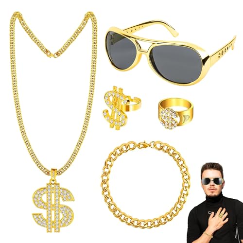 QIWEIS Zuhälter Kostüm 5 Stück dollar kette Hip Hop Kostüm Kit Dollarzeichen Ring Rapper Kostüm Zubehör mit Farbverlauf 80 90er Jahre Zuhälter Kostüm für Fasching Themenpartys Rollenspiel QIWEIS Zuhälter Kostüm 5 Stück dollar kette Hip Hop Kostüm Kit Dollarzeichen Ring Rapper Kostüm Zubehör mit Farbverlauf 80 90er Jahre Zuhälter Kostüm für Fasching Themenpartys Rollenspiel von QIWEIS