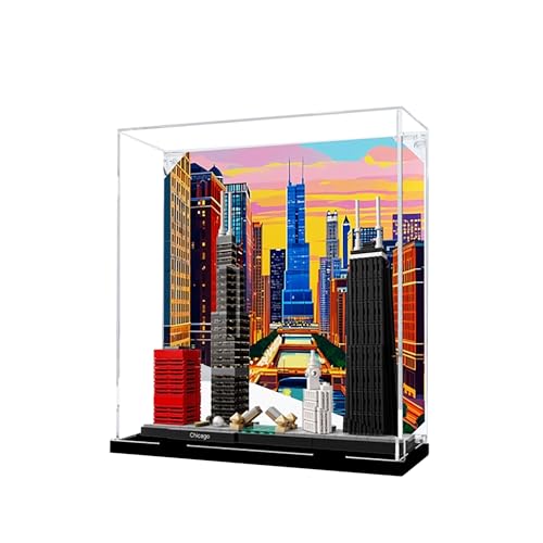 Acryl-Vitrine für Lego 21033 Chicago Architecture Series Modell, 3 mm staubdichte Schaukasten, Vitrine kompatibel mit Lego 21033 (Modell nicht im Lieferumfang enthalten) (Hintergrund schwarzer Sockel) von QIXINDGYH