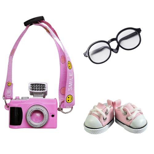 3-teiliges Puppenzubehör-Set inklusive Mini-Brille, Kamera und Mini-Lederschuhen für 17 cm große Puppe, Verkleidungszubehör für 6,7 Zoll Puppe, Mini-Kostüm-Zubehör für Puppe (Set von Pink) von QIXINGWISE